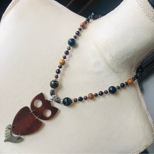 Handcrafted repurpose articulated owl pendant beaded necklace